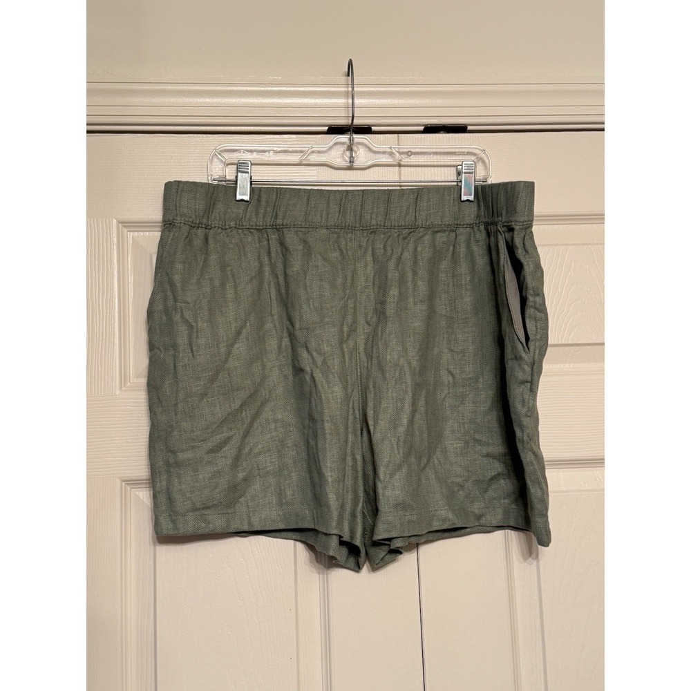 Linen Blend Pull On Shorts Green High Rise Elastic Waist Casual Comfort